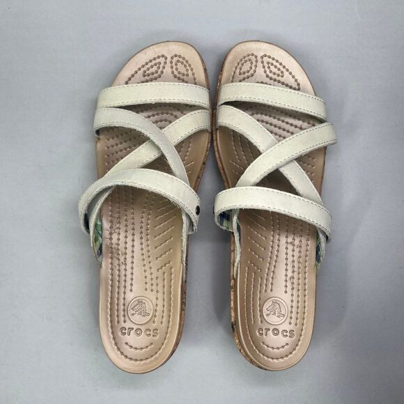 Crocs Women's‎ Size 9 A-Leigh Cream Leather Strap Cork Wedge Sandals - Picture 8 of 10